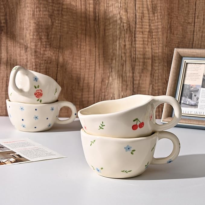 Koythin Ceramic Coffee Mug, Handmade Hot Chocolate Mugs, Cute Cup for Girl Women, Aesthetic Tea Milk Cup with Handle, 8.5 oz/250 ml for Latte, Cocoa, Office, Home (Cherry Flower)