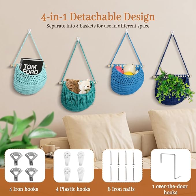 4 Tier Hanging Fruit Basket for Kitchen, 4 Pack Detachable Cotton Crocheted Wall Hanging Basket Over Door Organizer for Fruit Veggie Plant, Hanging Shelves for Bedroom Bathroom (Mixed Color)