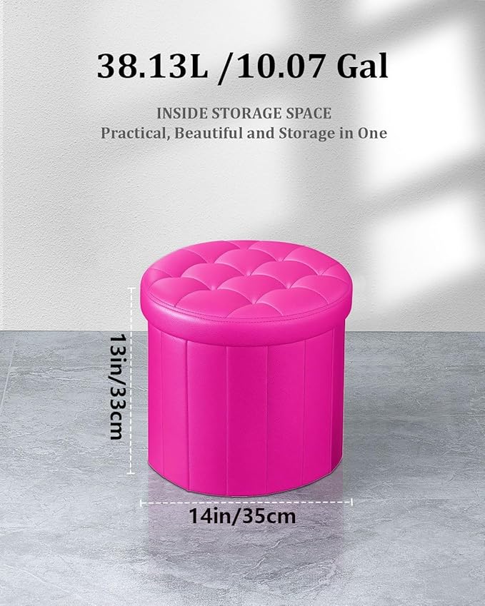 Ottoman with Storage, Foot Rest Stool with Thicker Foam Padded Seat Leather Small Round 14“ x 14” x 13 "Inchs Storage Ottoman Bench for Living Room Foldable Pouf Coffee Table 2 Pack, Rose Red