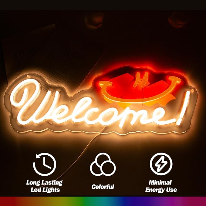 Goneons Welcome Neon Sign for Wall Decor, Dimmable & USB Powered Warm White Welcome with Smile LED Neon Light Sign for Business Open Windows Home Shop Bar Restaurant Pub Cafe Salon Party Decor