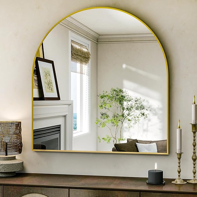 Arched Bathroom Mirror, 32x34 Inch - Wall Mounted Vanity Mirror with Aluminum Alloy Frame - Ideal for Living Room, Bedroom, Bathroom, and Entryway, Hanging or Leaning, Gold