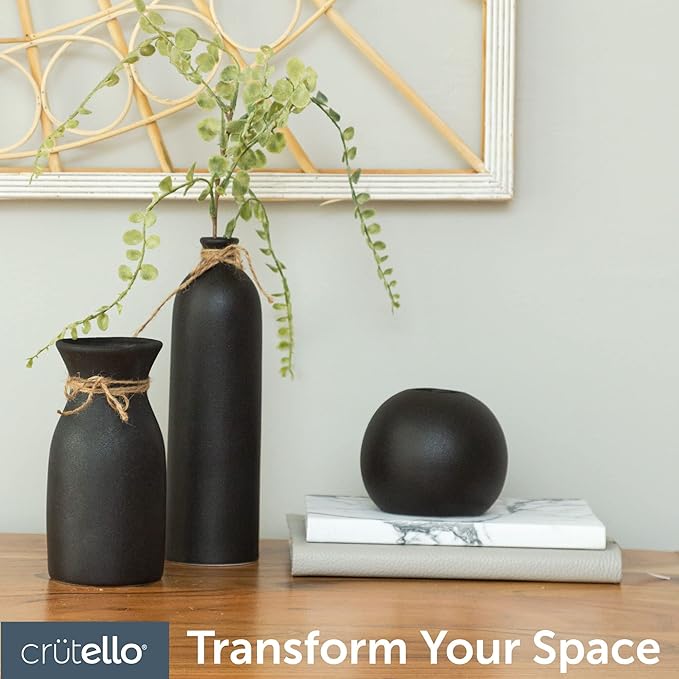 Crutello Ceramic Vase Set - 3 Black Textured Vases - Rustic Vase Set, Perfect Home Decor for Mantles, Bookshelves, Tables, Entryways