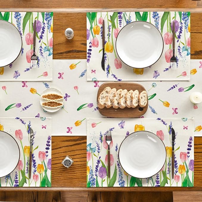 Artoid Mode Lavender Tulip Spring Placemats for Dining Table, 12 x 18 Inch Summer Seasonal Holiday Decoration Rustic Vintage Washable Table Mats Set of 6