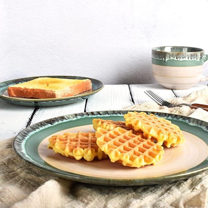Bosmarlin Stoneware Dinnerware Set, Ceramic Bowls and Plates Set, Service for 4, 12 Piece, Microwave and Dishwasher Safe, Reactive Glaze (Turquoise green)