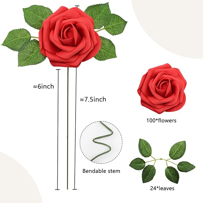 Artificial Flowers Red Roses Real Looking Foam Fake Roses with Leaves and for DIY Wedding Bouquets Bridal Shower Centerpieces Party Decorations (Red, 100)