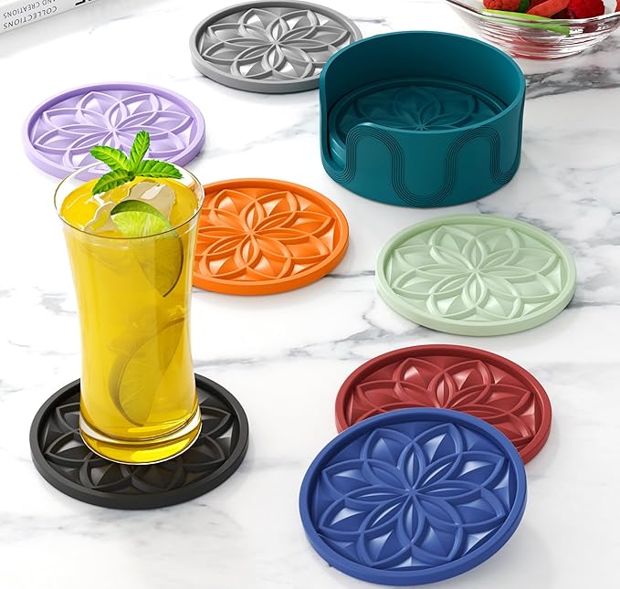 HFHOME Silicone Coasters Set with Holder - 6 Pack Drink Coasters for Coffee Table, Bar Tabletop Protection - Orange