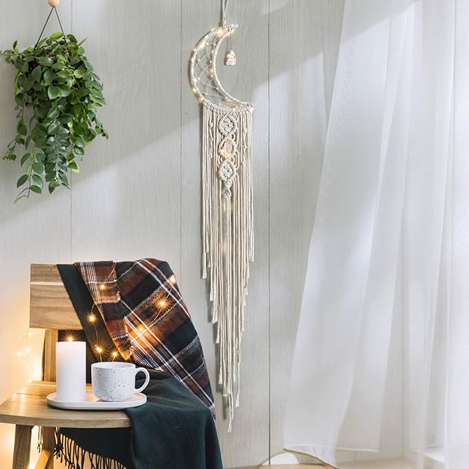 Dremisland Macrame Woven Wall Hanging Moon Dream Catcher with Natural Crystal Stone- Boho Chic Bohemian Home Decor Wall Art Decor with String Lights - Beautiful Apartment Dorm Room Door Decoration