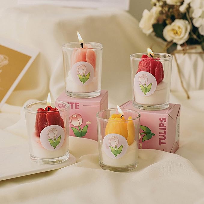Tulip Flower Healing Scented Candle Glass Jar,110G Handmade Flower Bouquet Scented Soy Wax Aroma Decorative Candle for Table Photo Prop Gift,Prefect for Meditation Stress Relief Mood (Red)