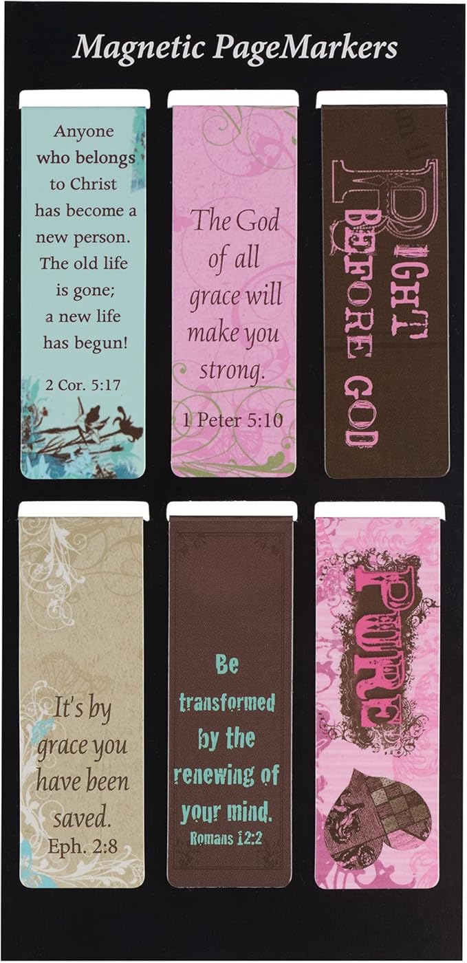 Christian Art Gifts Magnetic Scripture Bookmark Set for Women & Girls with Bible Verse: Grace - Vintage Floral Themed Inspirational Magnetic Pagemarkers Set of 6 for Bibles and Books, Size 2.3” x 0.8”