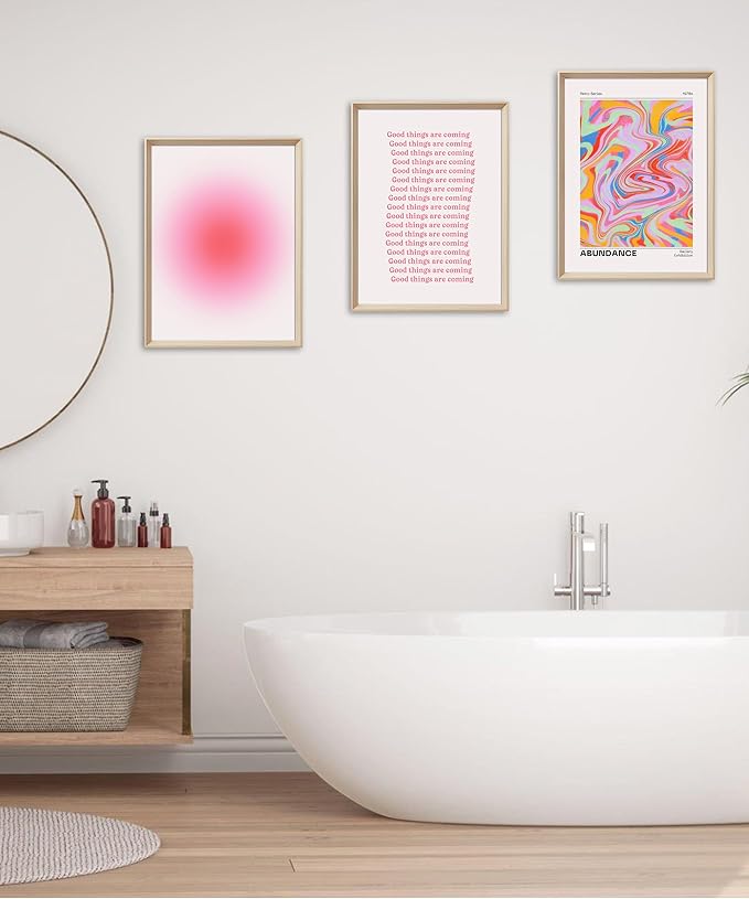 Framed Abstract Pink Canvas Wall Art,Retro Gradient Canvas Wall Decor,16x12IN High Framed Wood Design Print,Minimalist Classic Décor Aesthetic for Living Room,Bedroom,Bathroom Set of 3