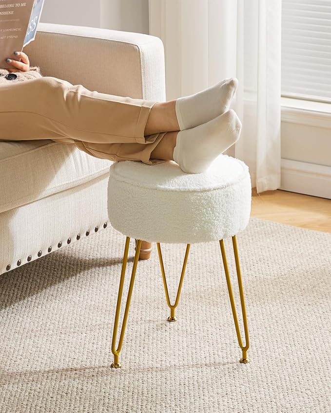IBUYKE Teddy Velvet Round Footrest Stool Ottoman, Makeup Vanity Stool Side Table, Velvet Dressing Table Seat, Pouf Couch Stool, for Living Room Bedroom, White WBD009W