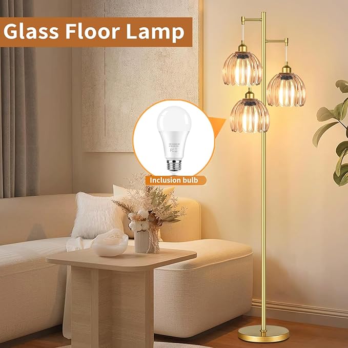 Gold Floor Lamp for Living Room Bedroom,3 Lights Mid Century Modern Floor Lamps with Flower Glass Shades,68IN Tall Standing Lamp with Bulbs,Vintage Tree Floor Lamp for Corner Office Reading