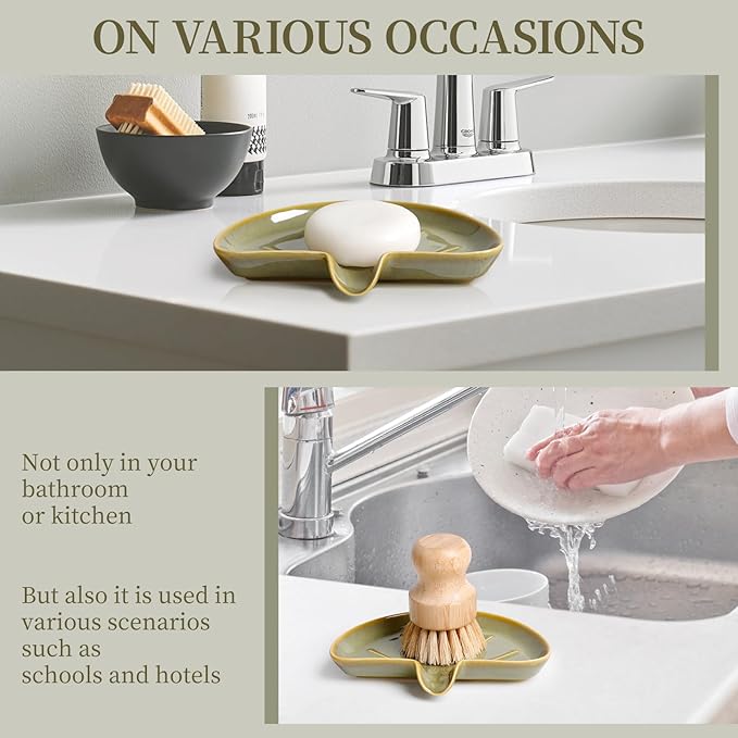Ceramic Soap Dish, Self-Draining Bar Soap Holder for Bathroom, Sink, or Shower – Green Half-Moon Design, Easy to Clean, Keeps Soap Dry – ANTIS'S HOME
