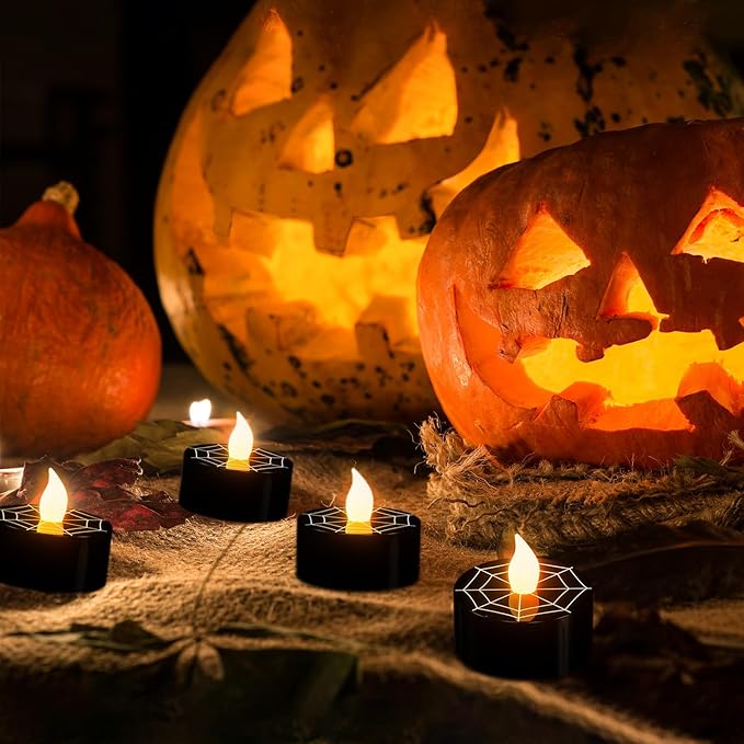 DRomance Halloween Flameless Votive Candles Battery Operated with 6H Timer, 12 Pack Black Spider Cobweb Decal LED Flickering Pumpkin Tea Lights Candles Fall Indoor Decoration(1.5" D x 1.4" H)
