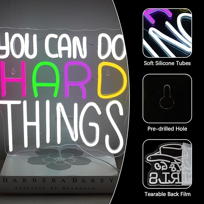 NEONLOVE You Can Do Hard Things Neon Sign Neon Signs for Wall Decor LED Lights Up Signs for Bedroom Bar Kids Room Library Club Party Positive Quotes Wall Art Sign USB White Neon Lights 12.9*12.5inch