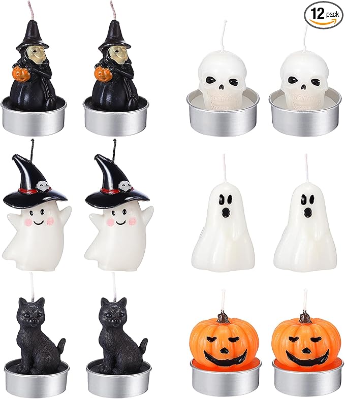 12 PCS Halloween Decoration Ghost Candles Pumpkin Skeleton Cat Witch Cute Mini Candles White Soy Wax Horror Tea Lights Spooky Set for Autumn Halloween Party Home Decorations