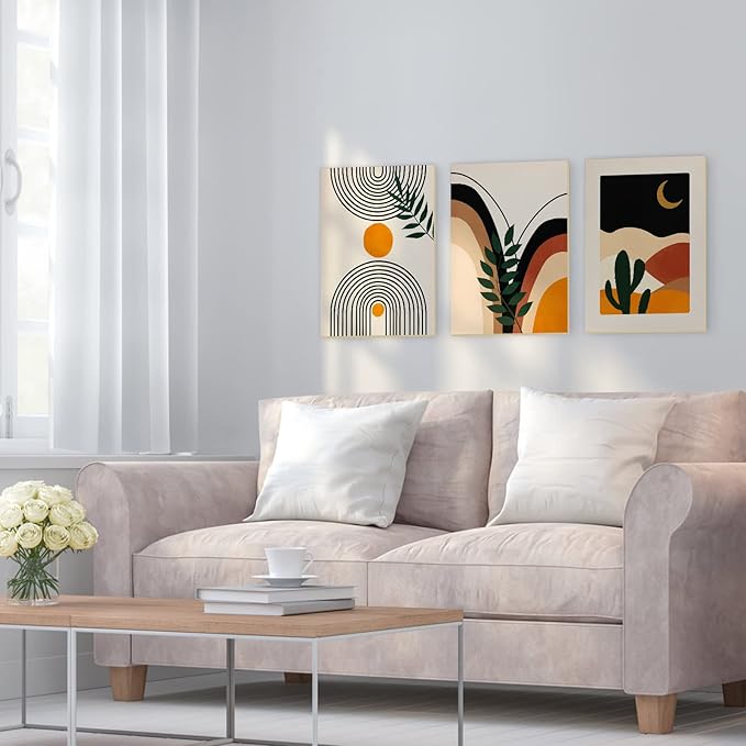 puthiac Boho Wall Art Posters - Set of 3 Framed Canvas Minimalist Neutral Abstract Artwork Modern Boho Home Wall Decor for Office Living Room Bedroom Bathroom Home Decor