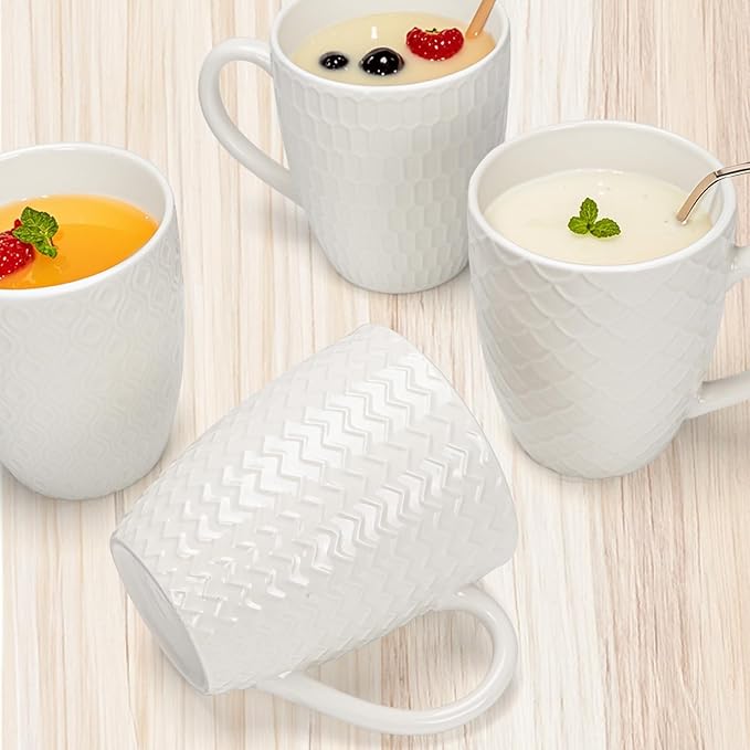 Hoikwo Off White Coffee Mugs Set of 6, Ceramic Cup Set, 17 oz Artistic Drinkware for Coffee, Tea, and Beverages, Family Pack of 6 Unique Patterns, Microwave Safe and Dishwasher Safe