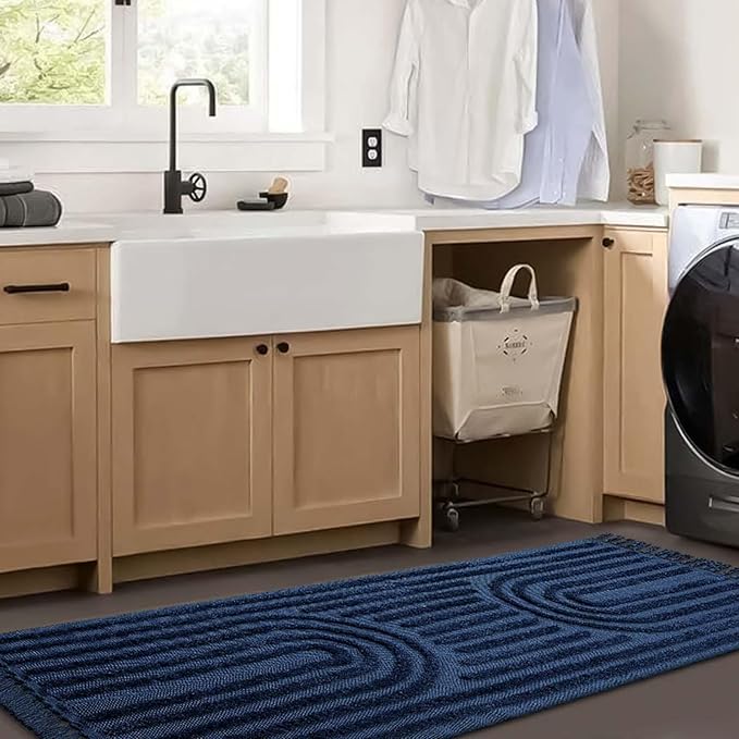 LEEVAN Washable Kitchen Runner 2'X5', Hand-Woven Bathroom Rug With Tassels, Dark Blue Entryway, Tufted Rainbow Bedroom, Farmhouse Hallway for Laundry/Living Room