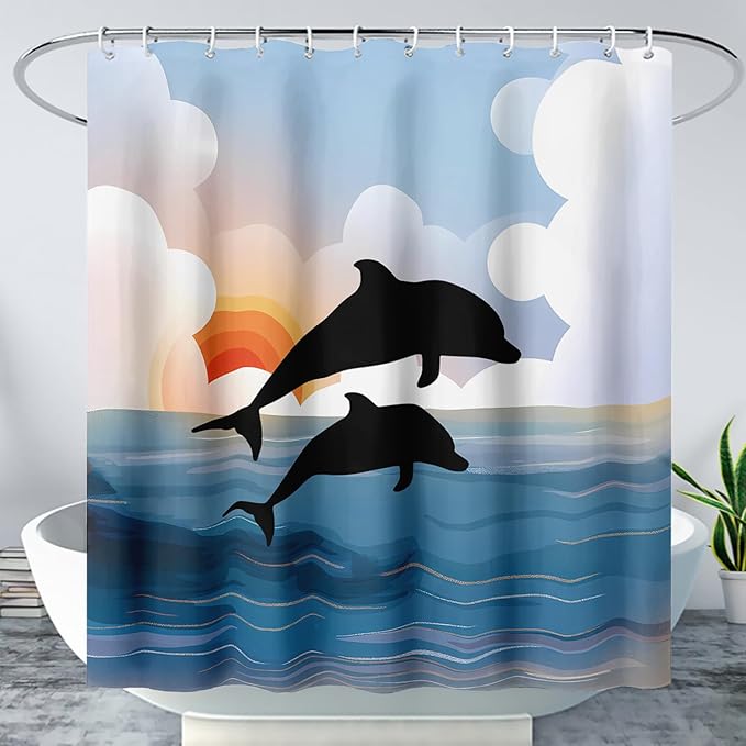 AILONEN Cartoon Dolphin Shower Curtain,Jumping Dolphin Bathroom Curtains for Kids,Girls,Sunset by The Sea Theme Shower Curtains Set with Hooks for Bathroom,72" W*96" H