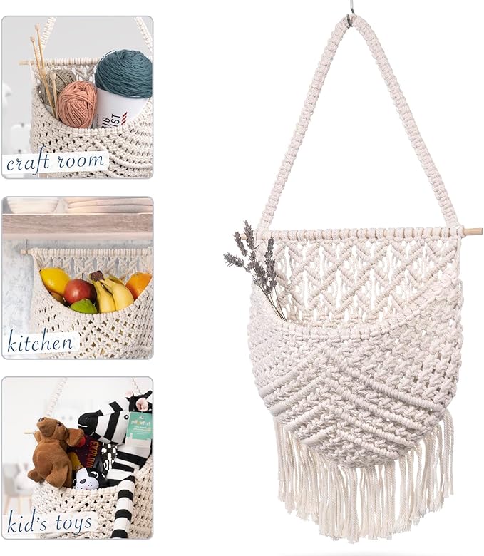 Macrame Fruit Basket, Vegetable and Fruit Hammock for Kitchen Under Cabinet - Hanging Wall Decor, Boho Baskets for Storage, Counter Space Saver - Cotton, Off White