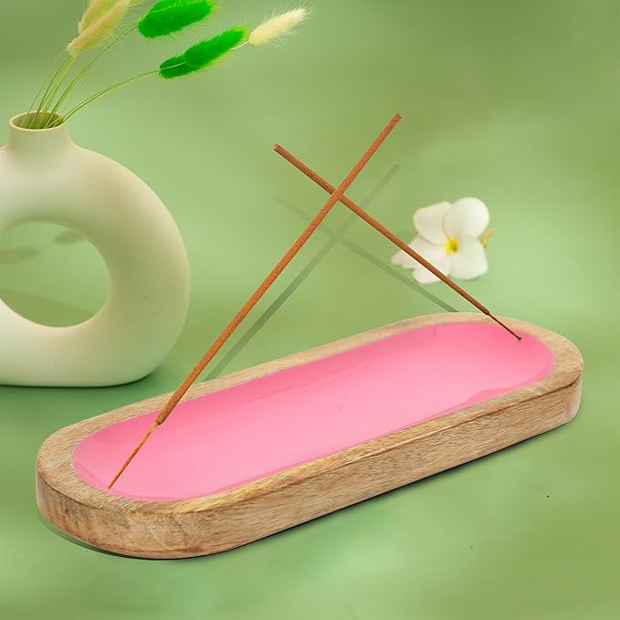 Hand Painted Pink Incense Holder-Incense Burner/Ash Catcher/Handmade Wooden Insence Tray – Modern Gift Home/Room/Kitchen Décor Size 11x4x1.2 Inches