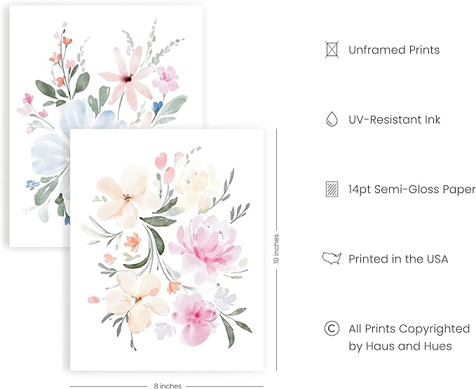 HAUS AND HUES - Set of 4 Flower Poster, Wall Decor, Floral Prints, Wall flower pictures, Posters, Prints, Floral Botanical Prints, (Unframed, 8x10)
