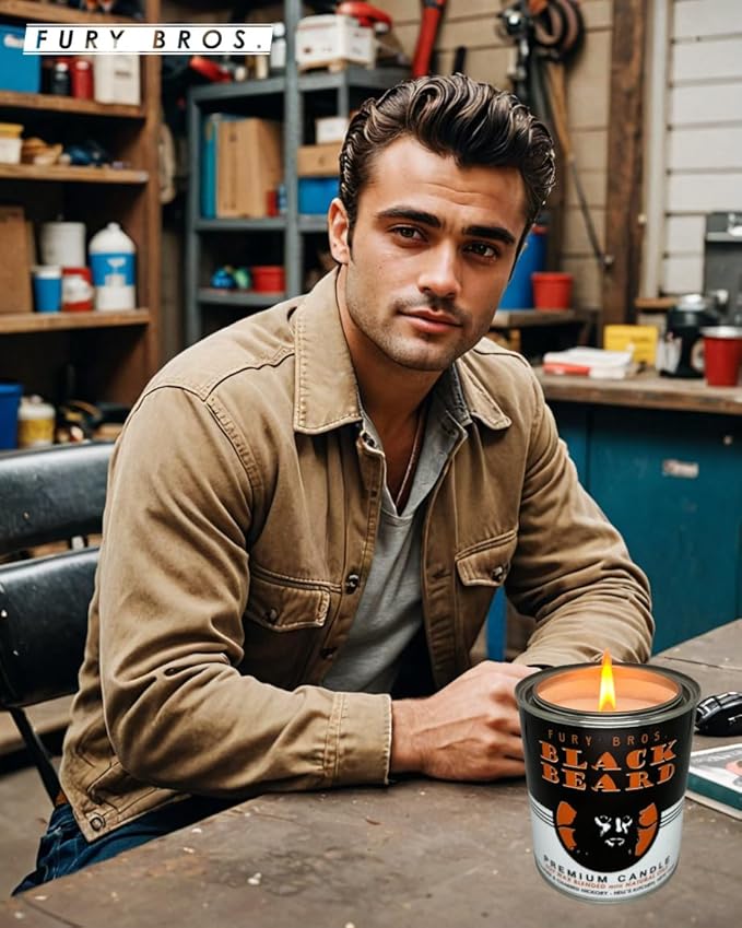 Scented Candles for Men | Black Beard | Gunpowder & Charred Hickory | Natural Soy Wax | Hand-Poured in the USA | Long 70-80 Hour Burn (12.5 oz) | Vintage-inspired Tin Design | Dad Home Gift