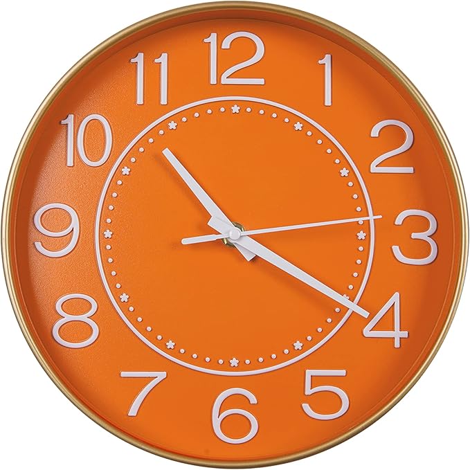 HZDHCLH Small Wall Clocks Battery Operated,Quartz Movement,Silent Non Ticking Modern Wall Clock for Living Room Bedroom Kitchen Office School Classroom Decor(10 inch,Orange & Gold)