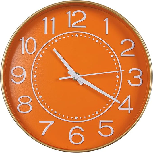 HZDHCLH Small Wall Clocks Battery Operated,Quartz Movement,Silent Non Ticking Modern Wall Clock for Living Room Bedroom Kitchen Office School Classroom Decor(10 inch,Orange & Gold)
