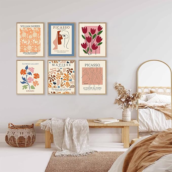 Flower Market Posters Set of 6, Abstract Flower Market Wall Art Prints Exhibition Poster Set, Vintage Matisse Print Picasso Print William Morris Painting Pictures, Boho Room Decor(8x10inch, Unframed)
