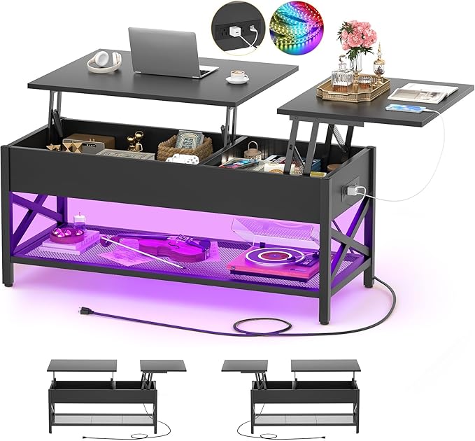 Aheaplus Black Lift-Top Coffee Table with LED Light, Power Outlets and Storage Shelf, 41.7"W x 19.69"L x 19.7"H