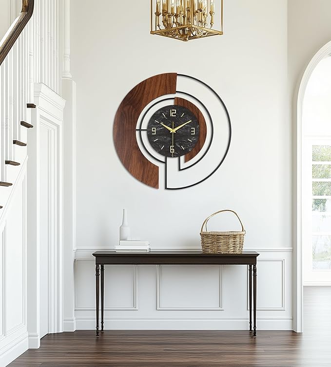 Modern Large Wall Clock - 24” Silent Battery Operated Decorative Clock with Wood and Metal Frame, Non-Ticking for Living Room, Office, Bedroom, or Entryway Wall Decor
