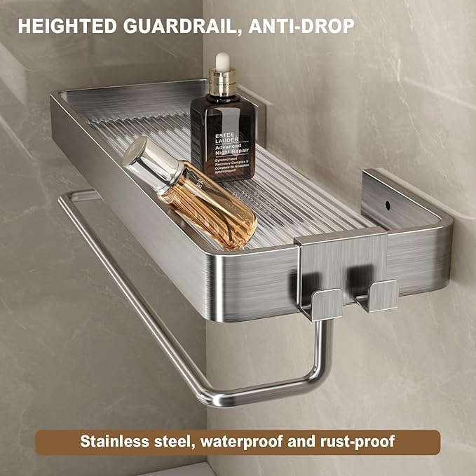 VOLPONE Stainless Steel Wall Mounted Bathroom Shelves - 2-Tier Floating Shelf with Removable Hooks (Brushed Nickel)