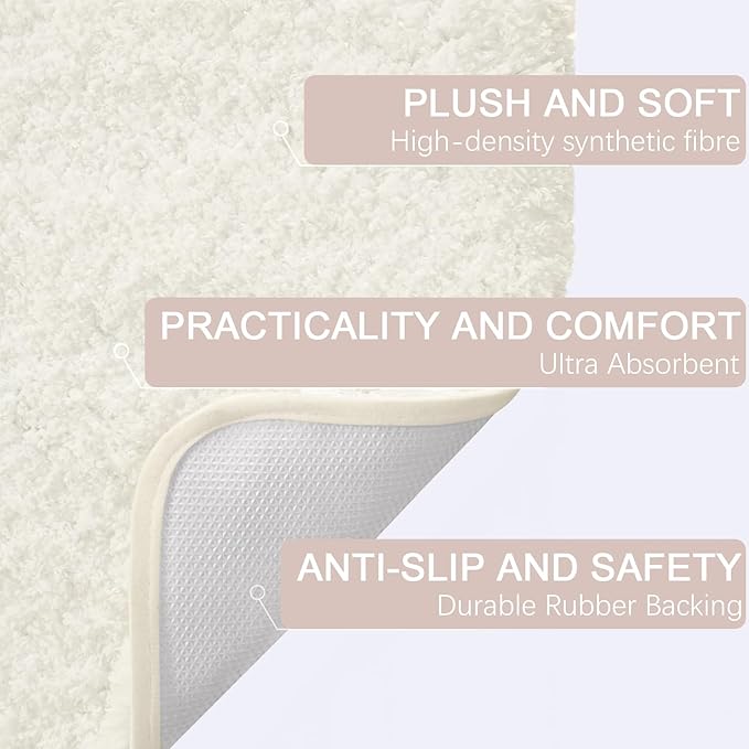 AROGAN Cream White Luxury Long Bathroom Runner Rug 24×60 Inch, Soft and Absorbent Non Slip Bath Mat, Rubber Backing Quick Dry Rugs Carpets, Machine Washable Plush Mats for Shower Floor
