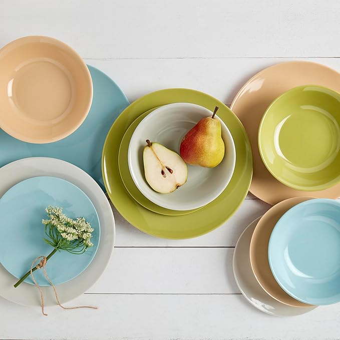 Tabletops Gallery 12 Piece Blue Green Coral Melamine Dinnerware Set Plates Bowls for Indoor Outdoor Use, Service for 4, Enchanted
