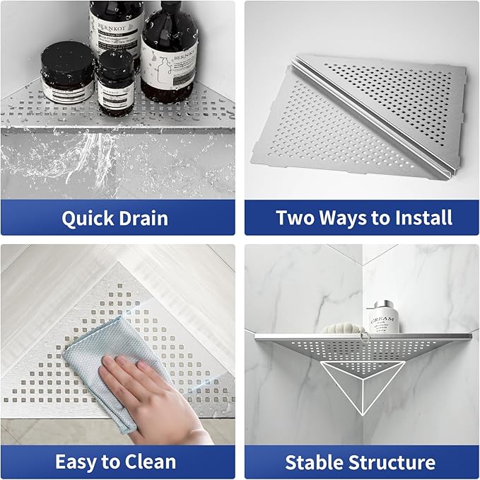 Corner Shower Shelves, 12" Brushed 304 Stainless Steel Recessed Shelf for Bathroom, Grout in Shelf for Tiled Wall, 2 Pack Large Size, No Drilling Needed