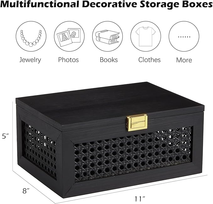 Decorative Rattan Storage Boxes Solid Wood Woven Baskets Bins with Lid Keepsake Memory Jewelry Box Natural Boho Shelf Wicker Closet Desk Organizer Container (Black, Large Size)