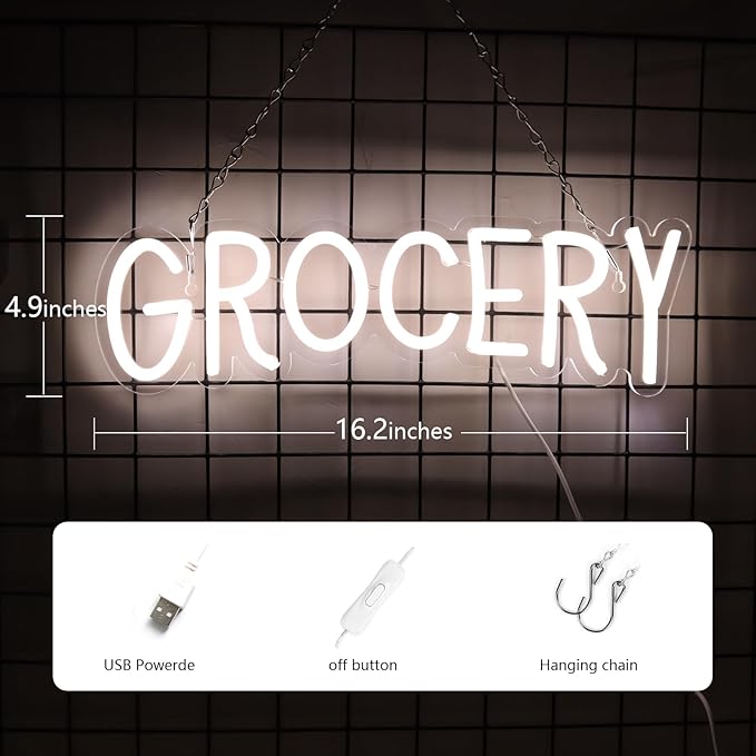 JFLLamp Grocery Neon Signs for Wall Decor Neon Lights for Bedroom Led Business Signs Suitable for Variety Store Groceries Christmas Birthday Party 5V Power Adapter, 16.2 * 4.9 Inch(White)