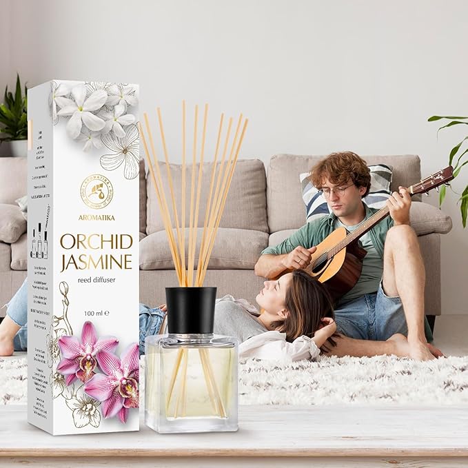 Reed Diffuser Orchid-Jasmine 3.4 Fl Oz - Fresh & Long Lasting Fragrance - Gift Set with 10 Bamboo Sticks - Good for Aromatherapy - Spa - Home - Kitchen - Bath - Office