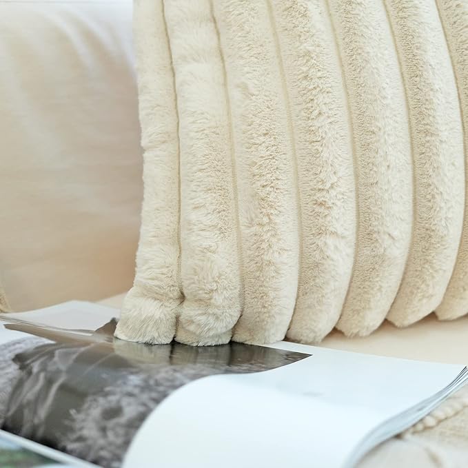 JOJUSIS Pack of 2 Faux Fur Plush Decorative Throw Pillow Covers Couch Cushion Case Soft Pillowcases (Beige, 24 x 24-Inch)