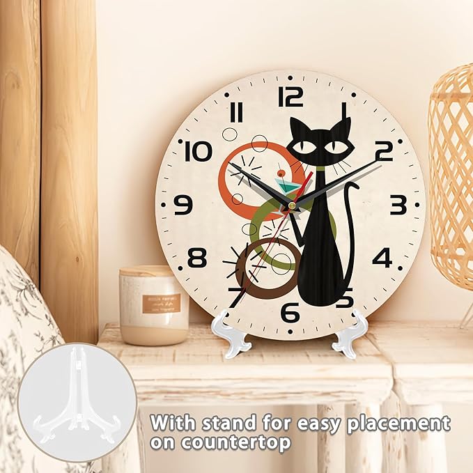 Wall Clock, Black Cat Wall Clocks Wooden Wall Clock Art Hanging Clocks Silent Non-Ticking Wall Clock Battery Operated Round Home Arabic Numeral Decorative Wall Clocks 10 Inch