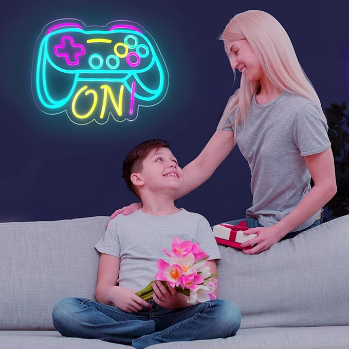 Gamer Neon Sign for Boys Gaming Room Bedroom Wall Decor, Gifts for Teen Kids, Video Game LED Light for Men, Gamepad Shaped Dimmable USB Powered Neon Lamp Game Room Accessories (16 X 12.5 inches)