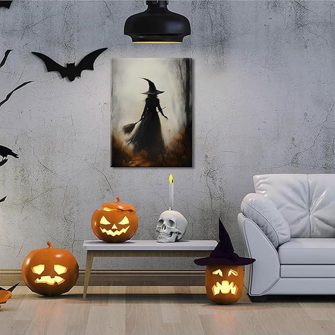 ILLBDR Halloween Vintage Witchy Wall Art Prints Creepy Gothic Dark Moody Pictures Decor Dark Academia Witches Victorian Painting Canvas Posters for Bedroom Bathroom 12x16 inch Framed