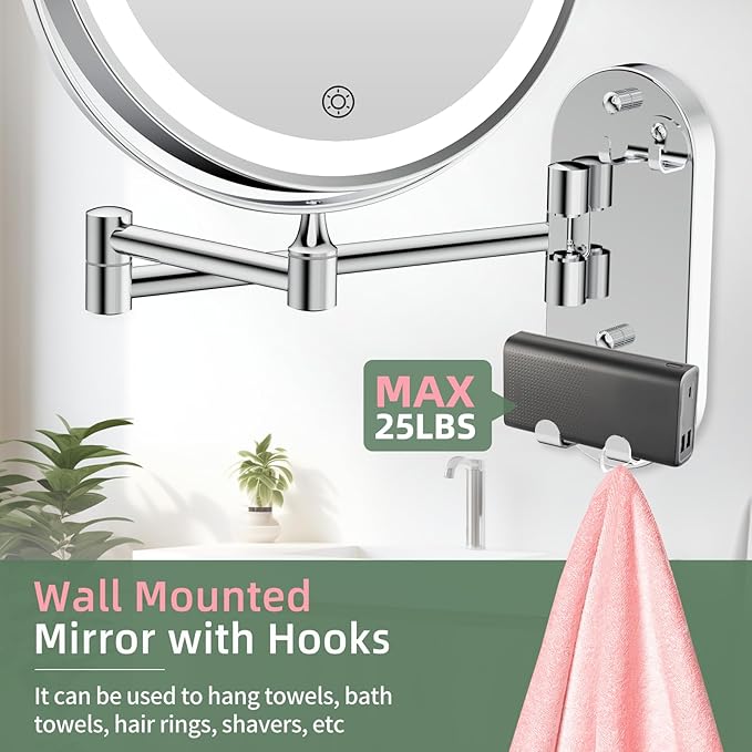 FUNTOUCH Wall Mounted Lighted Makeup Mirror, Rechargeable 8" Double-Sided LED Make up Mirror 1X/10X Magnification, 3 Color Lights Dimmable 360Β° Rotation Wall Mount Mirror with Extension Arm and Hooks