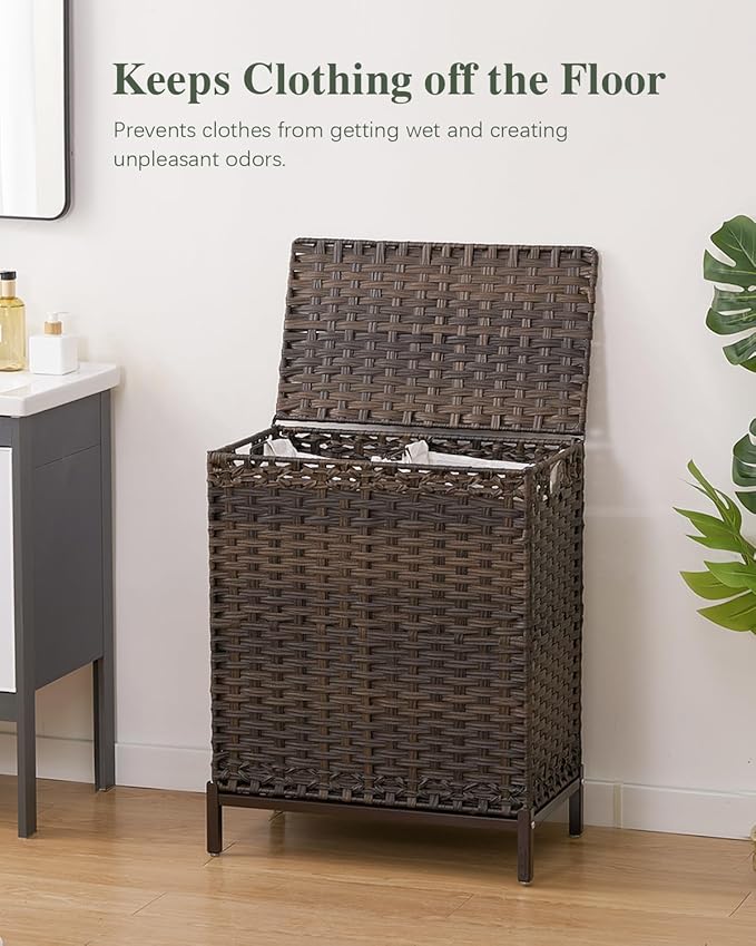 Laundry Hamper with Lid, 112 L Handwoven Rattan Wicker Laundry Basket, 2 Removable Liner Bags Metal Heightened Feet, 6 Mesh Bags, 2 Section Large Clothes Hamper for Bathroom Bedroom, Brown
