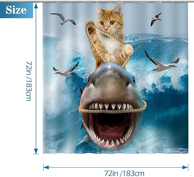 Aimego Funny Cat Shower Curtains - Cute Cool Cat Riding Shark Ocean Wave Fun Bath Shower Curtain Set with 12 Hooks for Adults Kids Bathroom Decor Accessories, 72"x72"