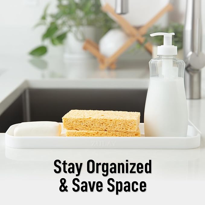 Zulay Large Silicone Sponge Holder (12x4) – Flexible Sink Organizer Tray for Kitchen & Bathroom – Multipurpose Soap Dish for Sponges, Makeup, Trinkets & More (White)