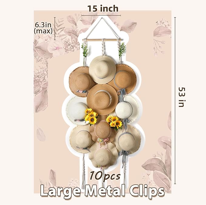 Hat Organizer for Wall Mount 15x53in Boho Hat hanger with 10 Clips Macrame Hat Rack for Wide Brimmed Hat Display Women Hat Holder Western Decor for Fedora Cowboy Beach Hat Brown