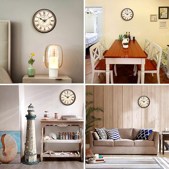 Justup Wall Clock, 12 inch Metal Black Wall Clock European Style Retro Vintage Clock Non - Ticking Whisper Quiet Battery Operated with HD Glass Easy to Read for Indoor Decor (Black 12')